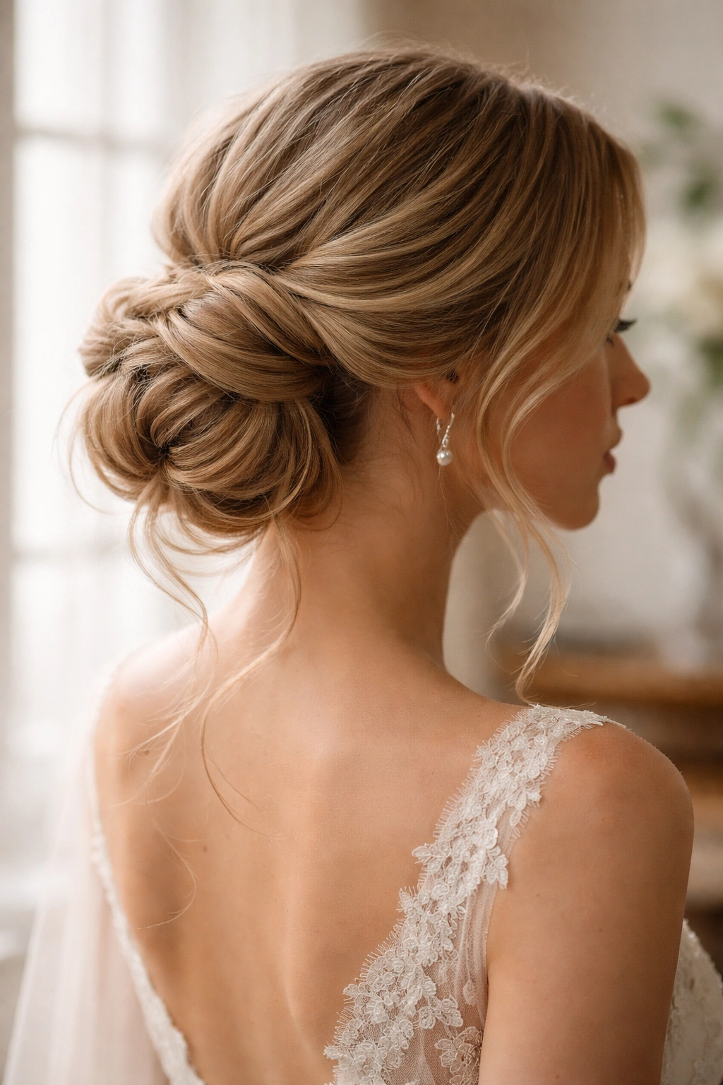 Close-up of a soft, romantic twisted side bun with a gentle spiral