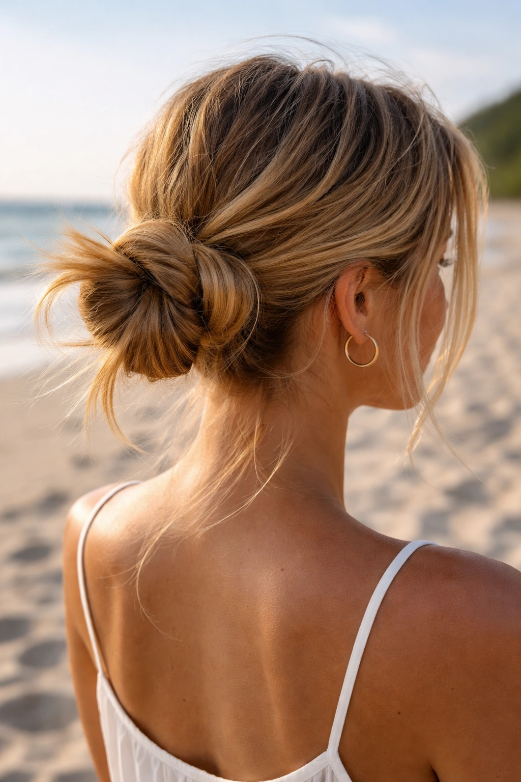 Close-up of a twisted side knot bun on the side of the head at the beach