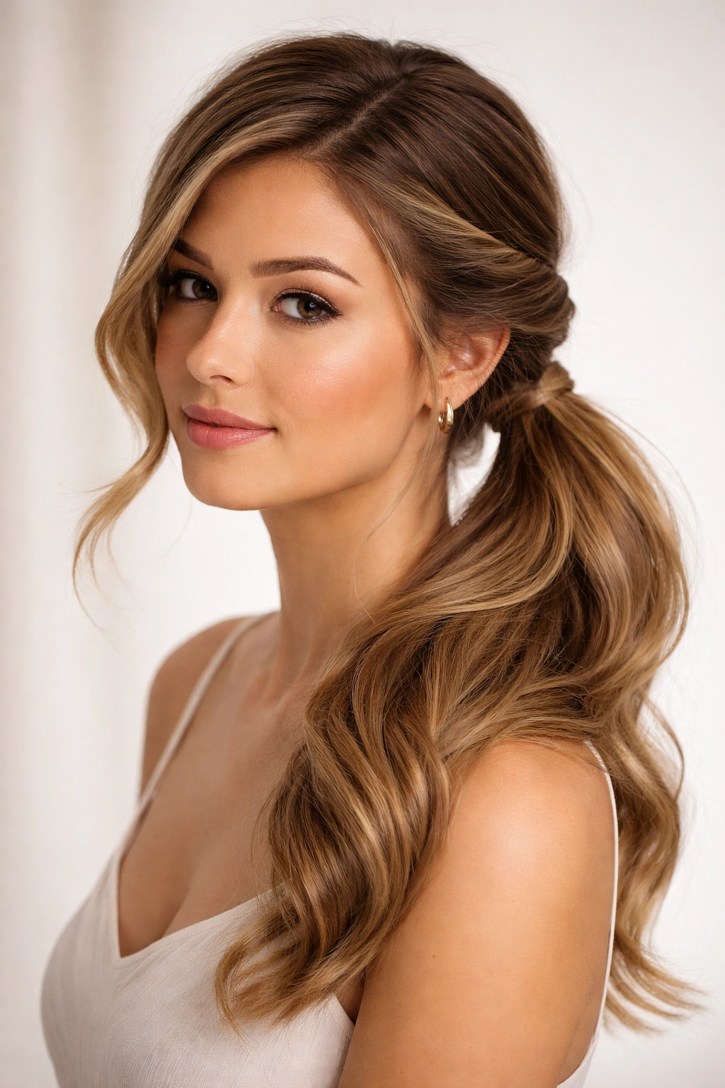Side ponytail with a twisted section adding texture and depth.