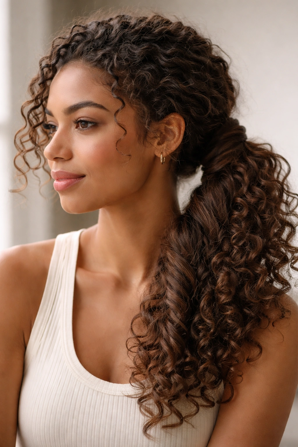 Side ponytail with a loose twist showcasing gathered hair and curl texture