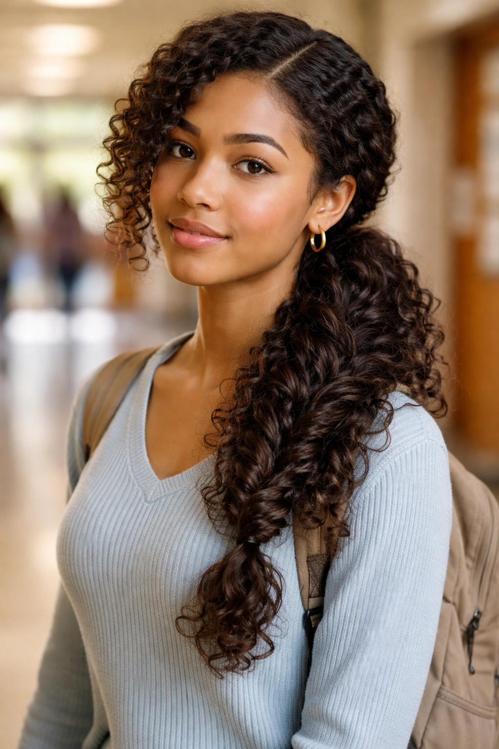 Close-up of a twisted side ponytail hairstyle on a student.