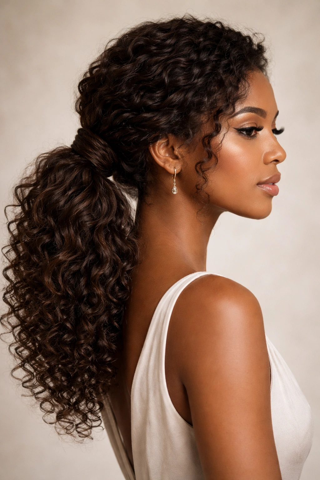 Twisted side ponytail with wrapped base and textured curls.