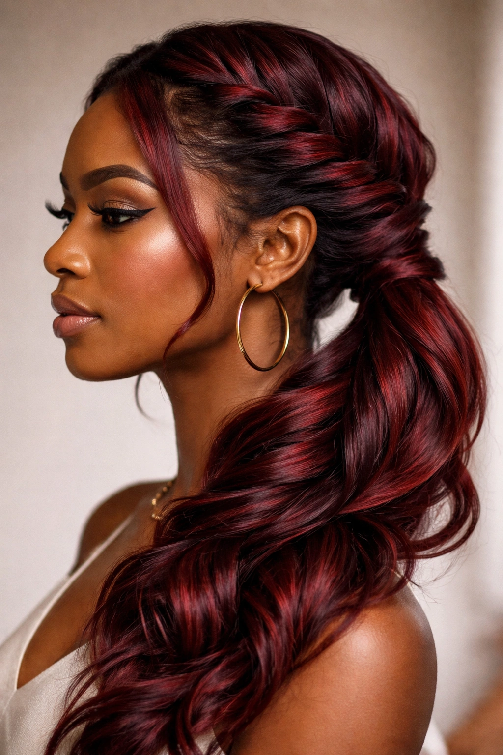 Side-view red ponytail with subtle twists and depth in color