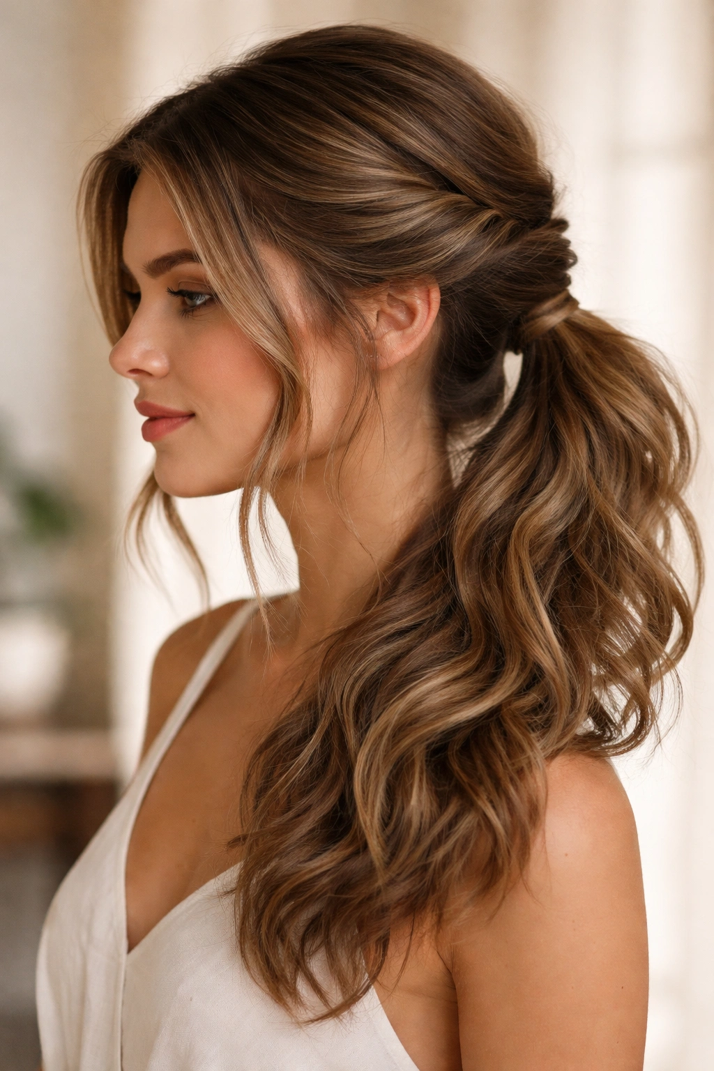 Side view of twisted side ponytail with layered texture and waves