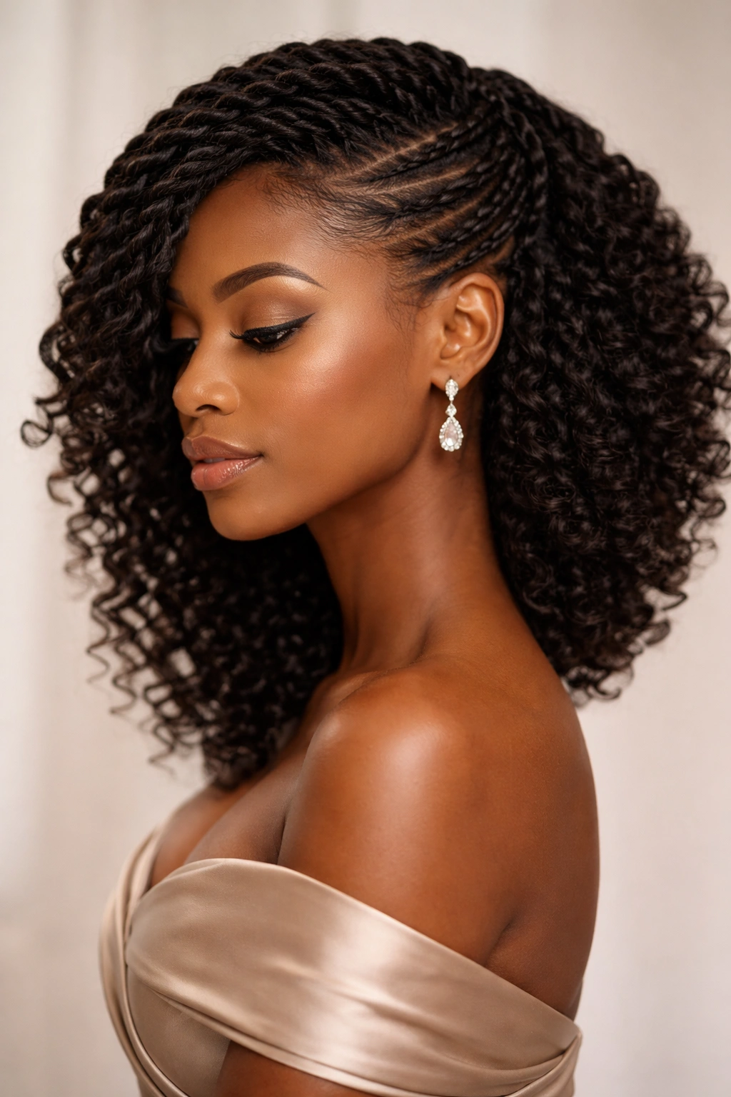 Twisted hair swept to one side with an elegant asymmetrical silhouette