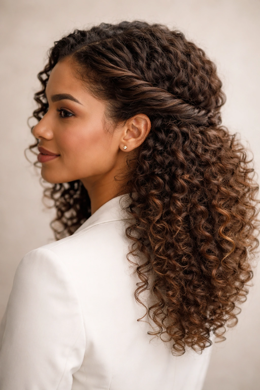 Side view of curly hair with two twisted sections secured at the back