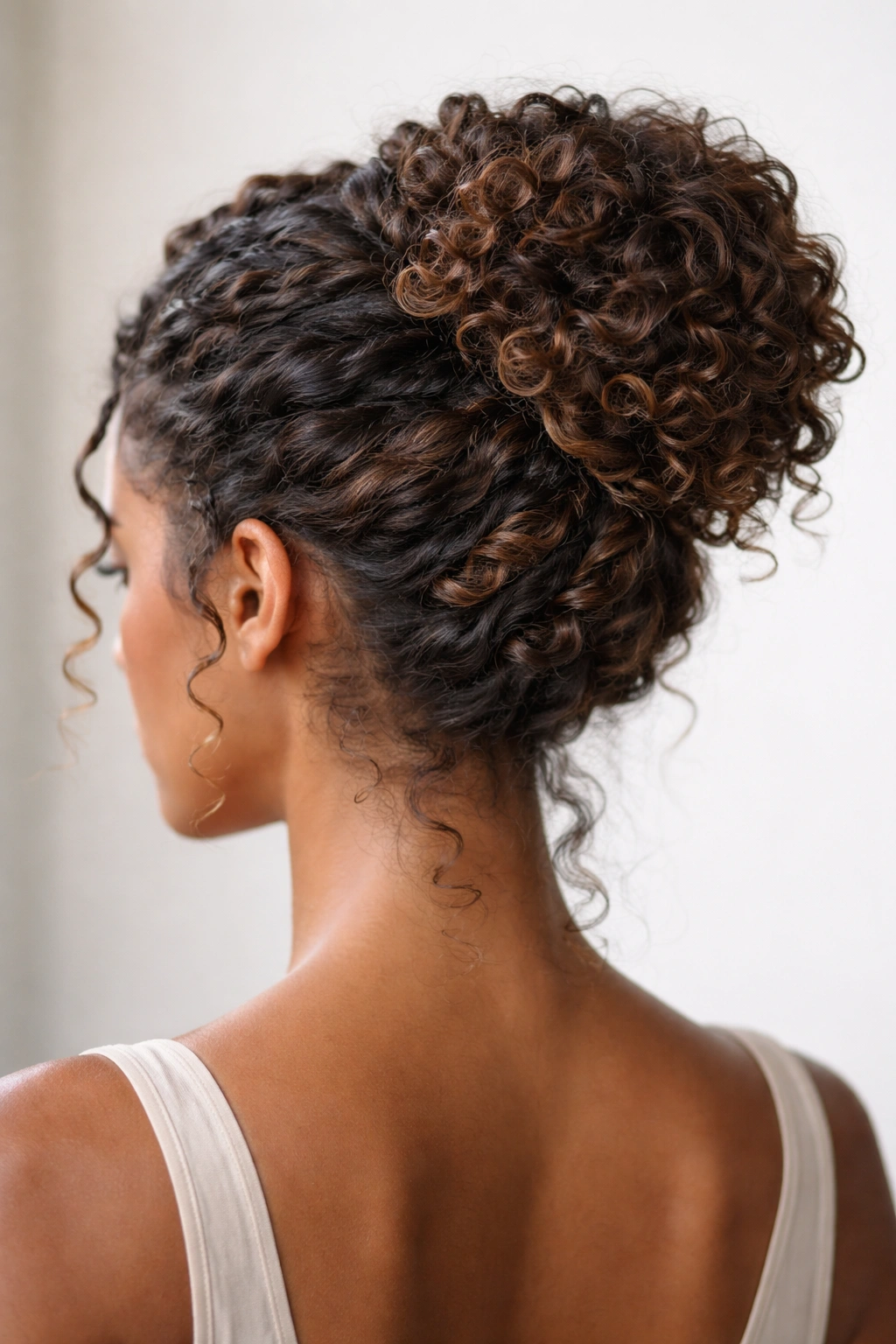 Stacked twisted buns forming a multi-layer bun with visible curl clusters.