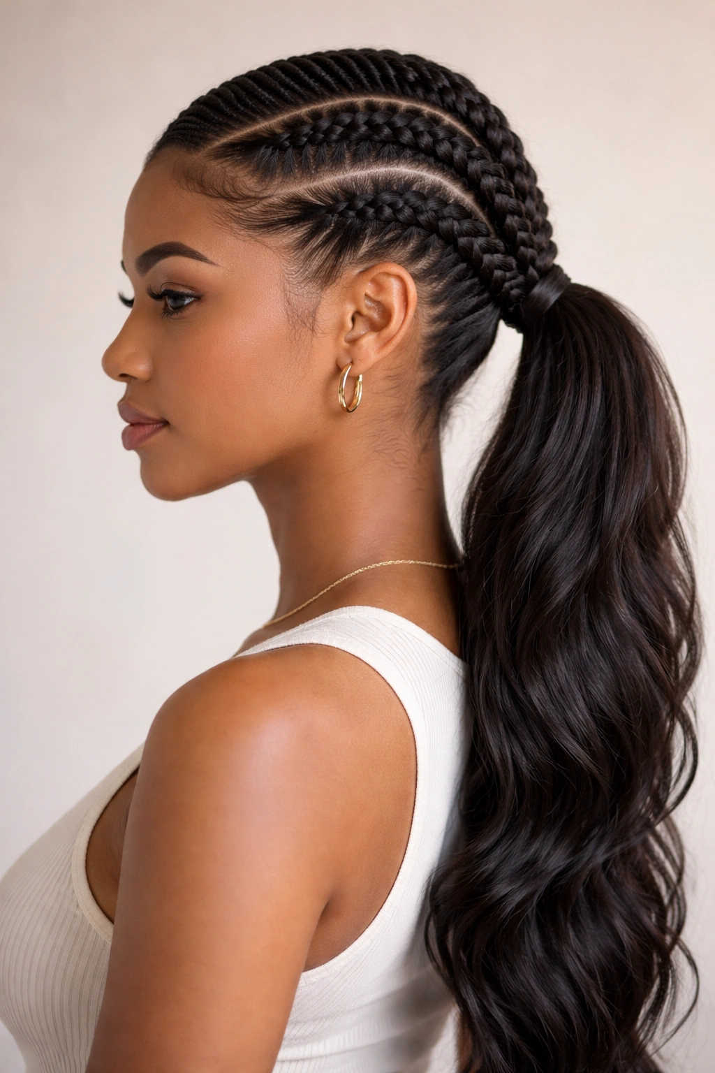 Twisted Stitch Braid Side Ponytail along one side into a side ponytail