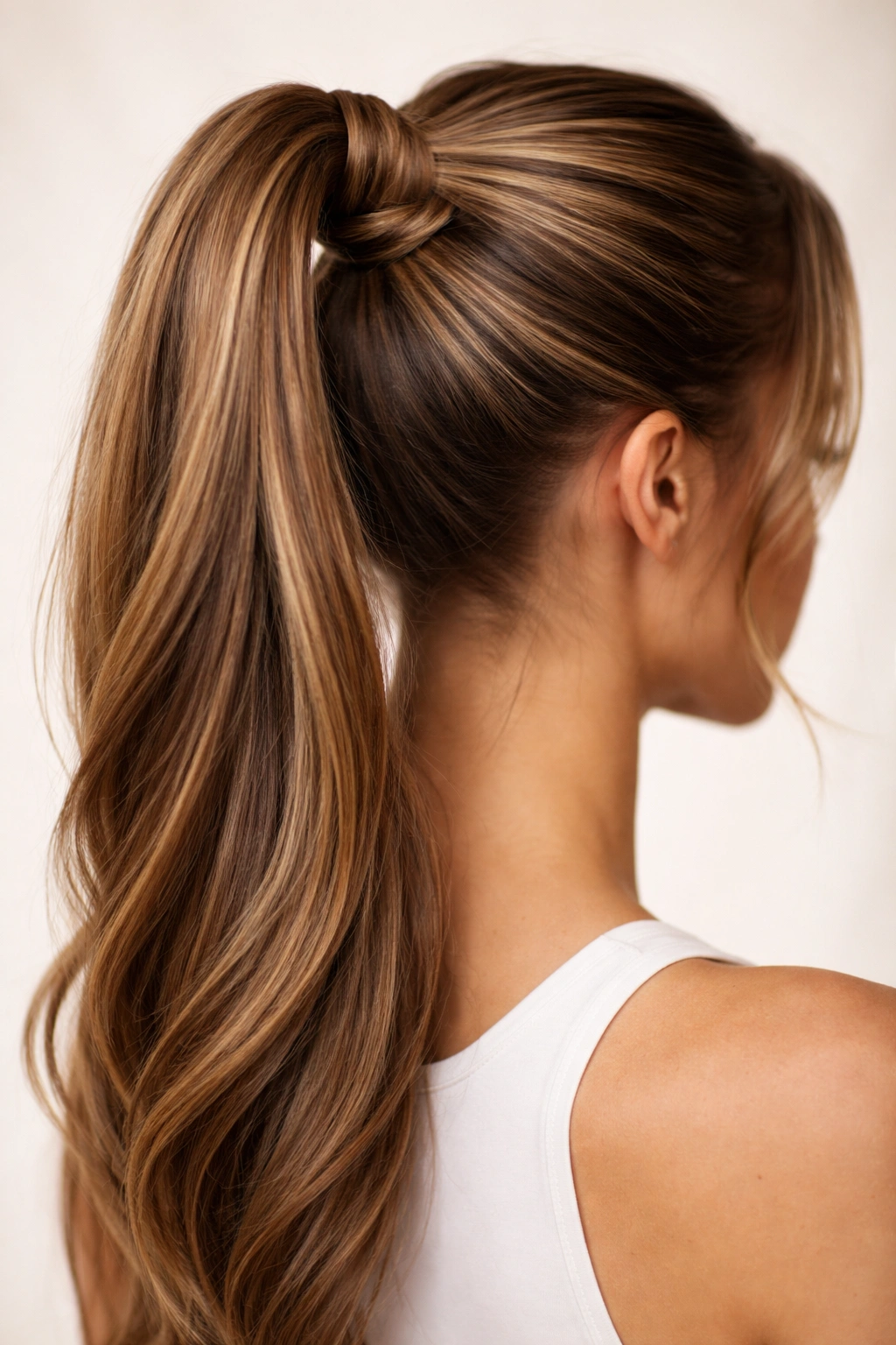 Close-up of The Twisted Double-Strand High Ponytail showing two twists around the base
