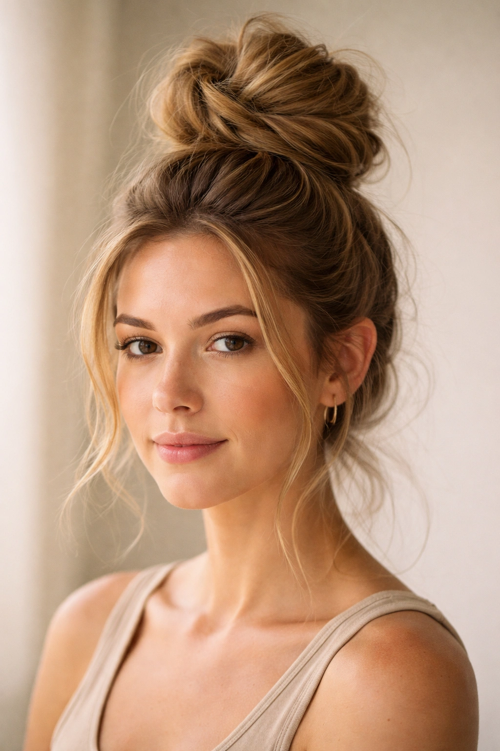 Close-up of a loose twisted top knot on textured postpartum hair