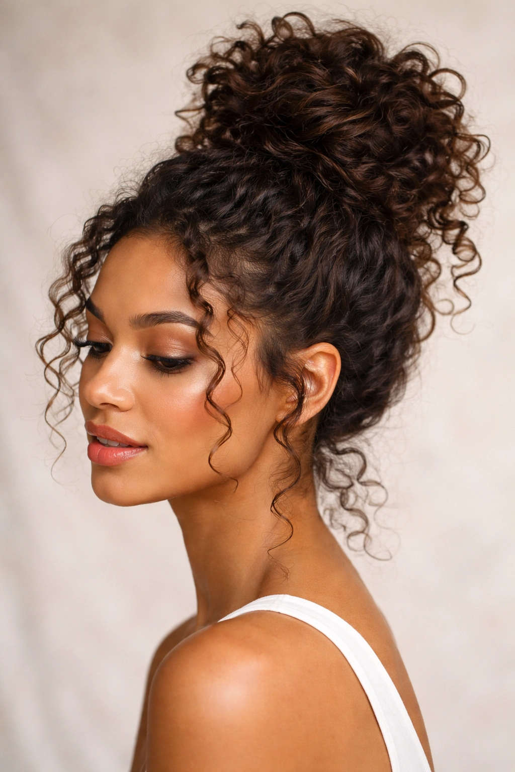 Twisted topknot on thick curly hair with visible texture.