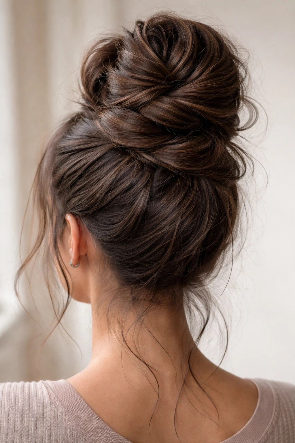 Tall twisted bun built from stacked twists at the crown