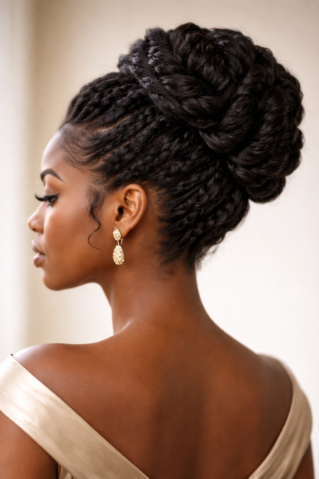Close-up of an elegant twisted updo with intricate twists and a polished silhouette