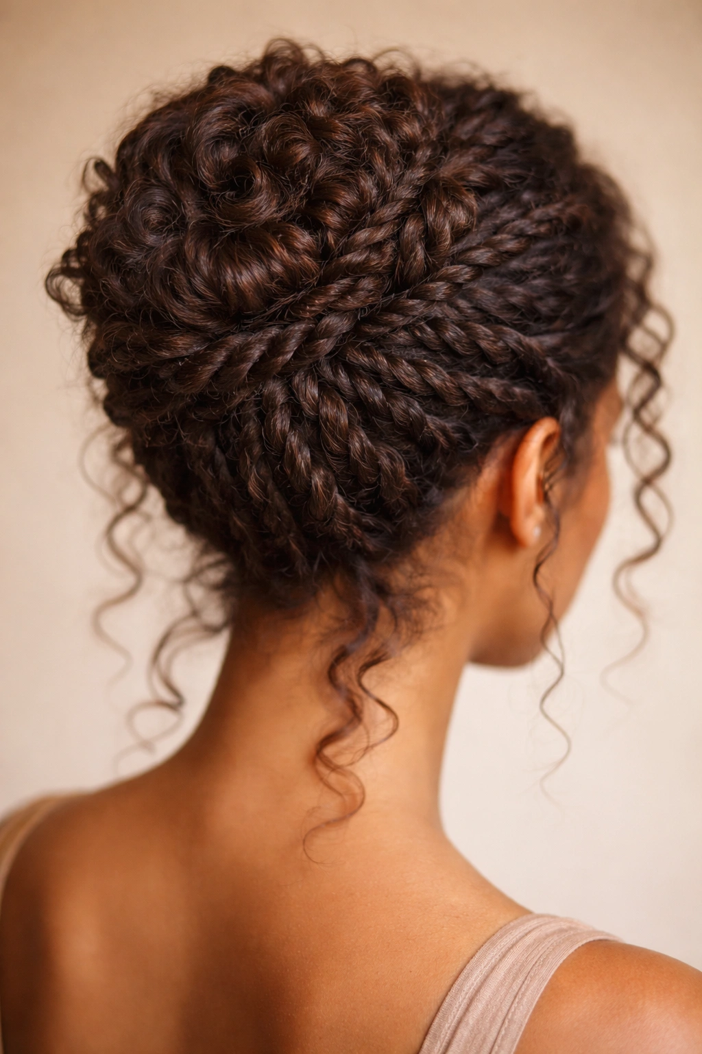 Close-up of a twisted curly updo bun showing architectural twists