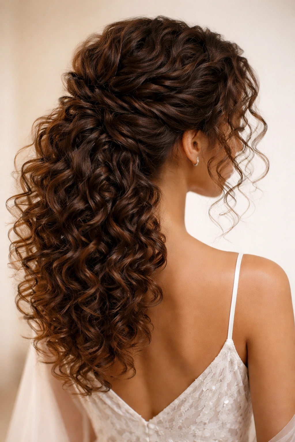 Twisted updo with cascading curls at the back