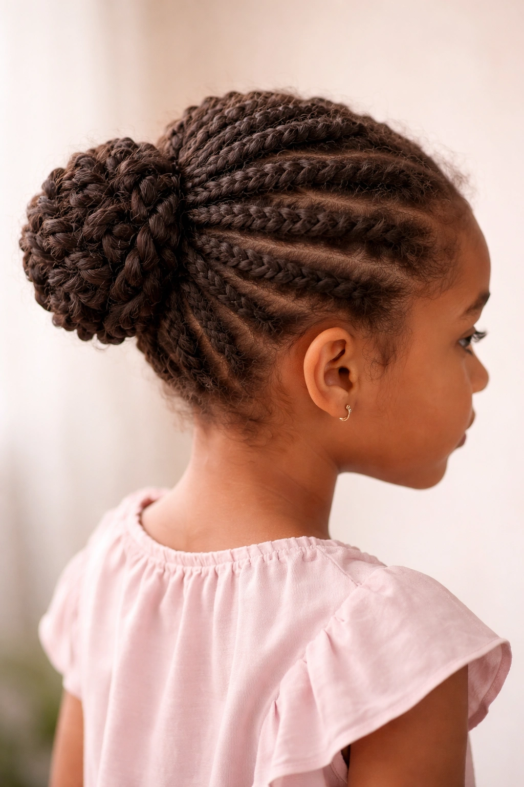Child with twisted updo bun at back of head