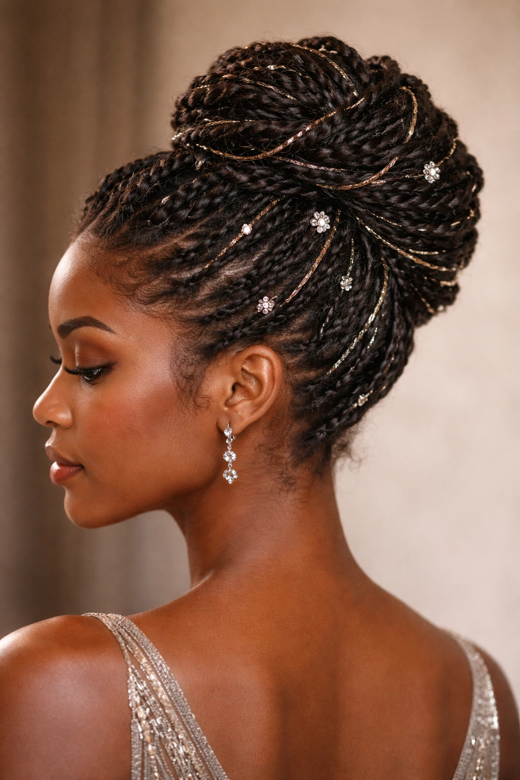Twisted updo with metallic accents on natural textured hair