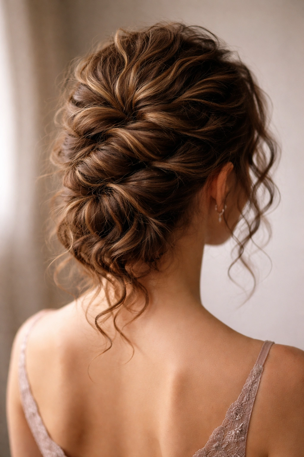 Three-twist updo arranged from nape to crown with layered height