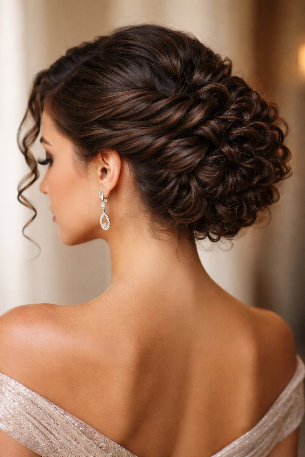 Structured twisted updo with hidden pins and defined curls