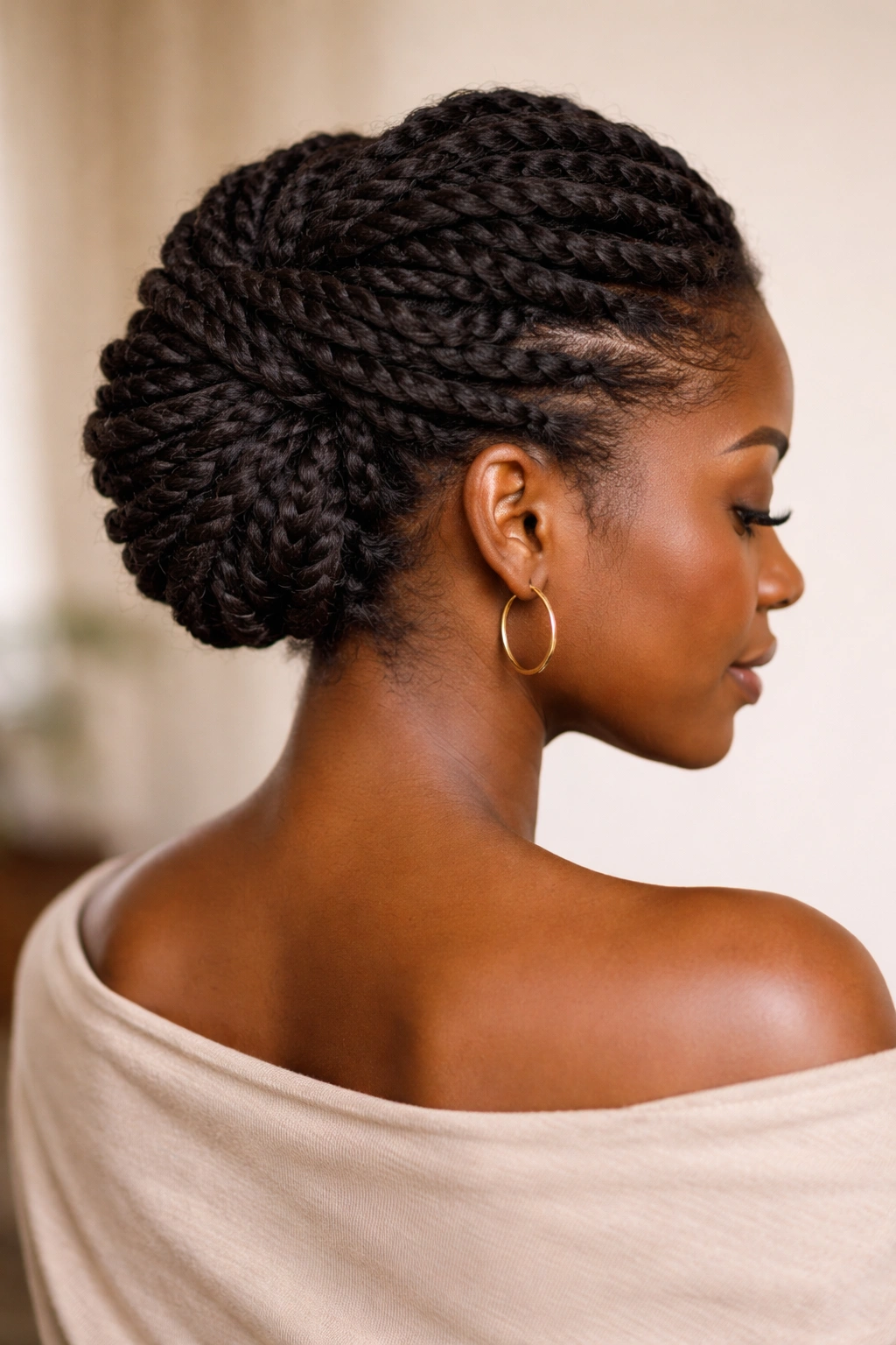 Full head twisted updo with ends tucked for protective styling