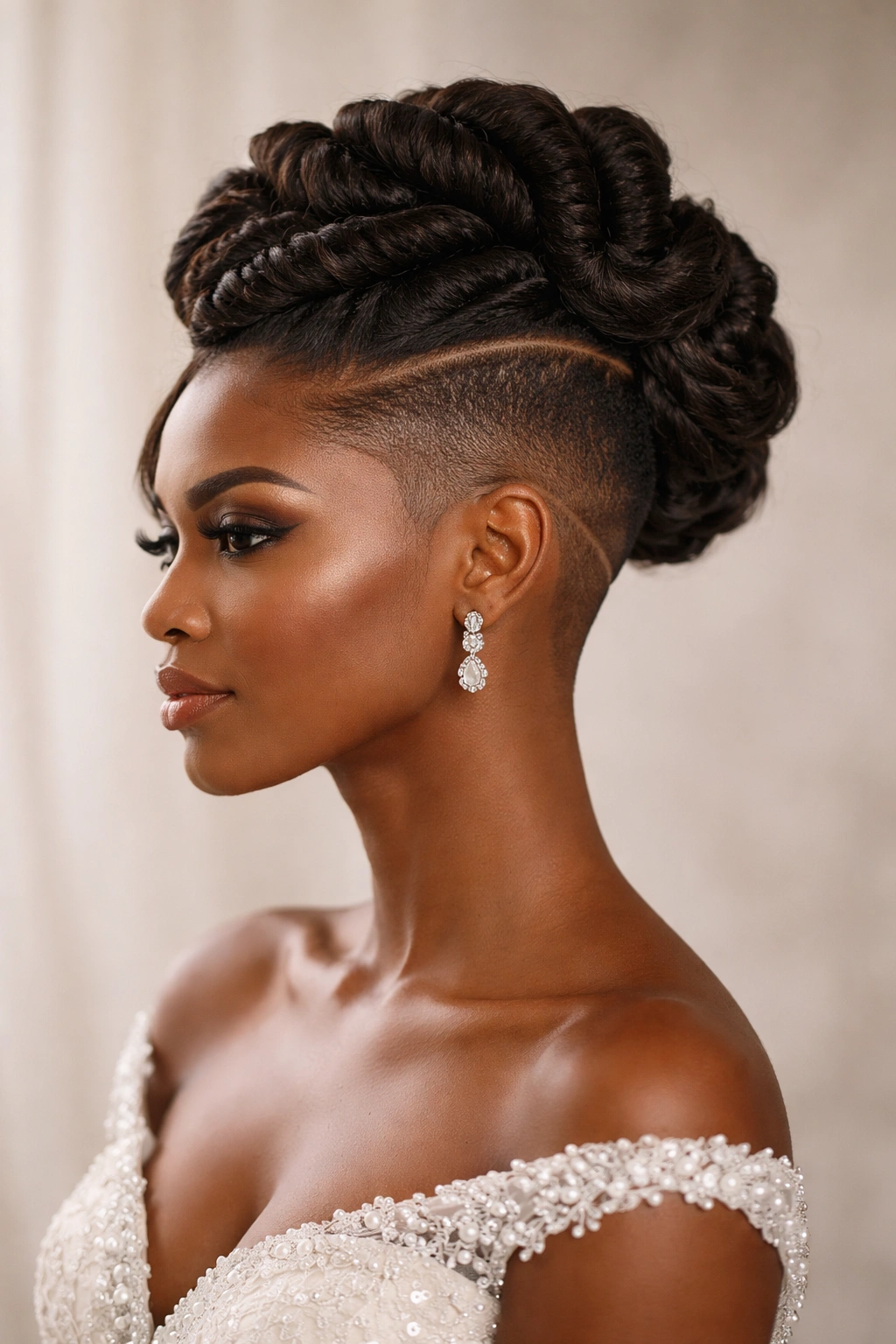 Twisted updo with shaved sides on a bridal head.