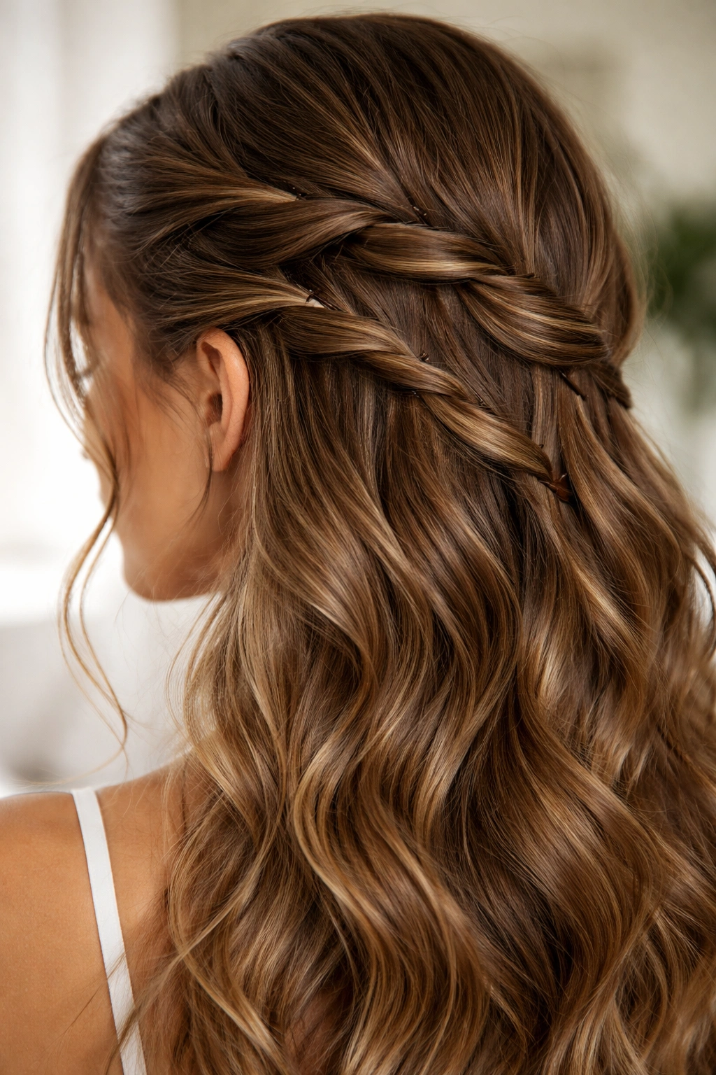 Close-up of twisted wavy hair pinned flat to the head to control frizz