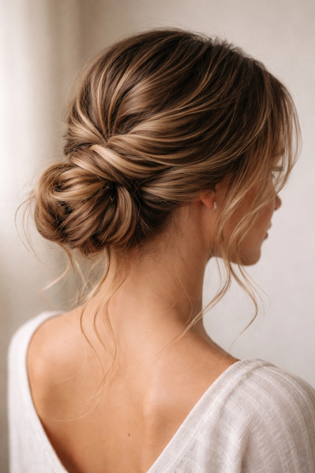 Low bun with crown twists wrapped into the bun