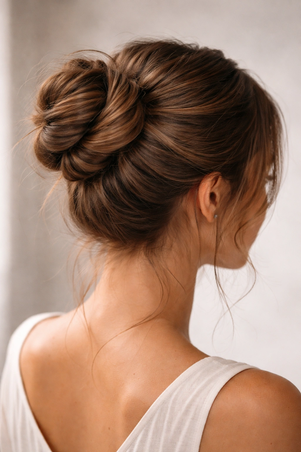 The Twisted Wrap Bun on thick medium-length hair with two twisted sections around the crown