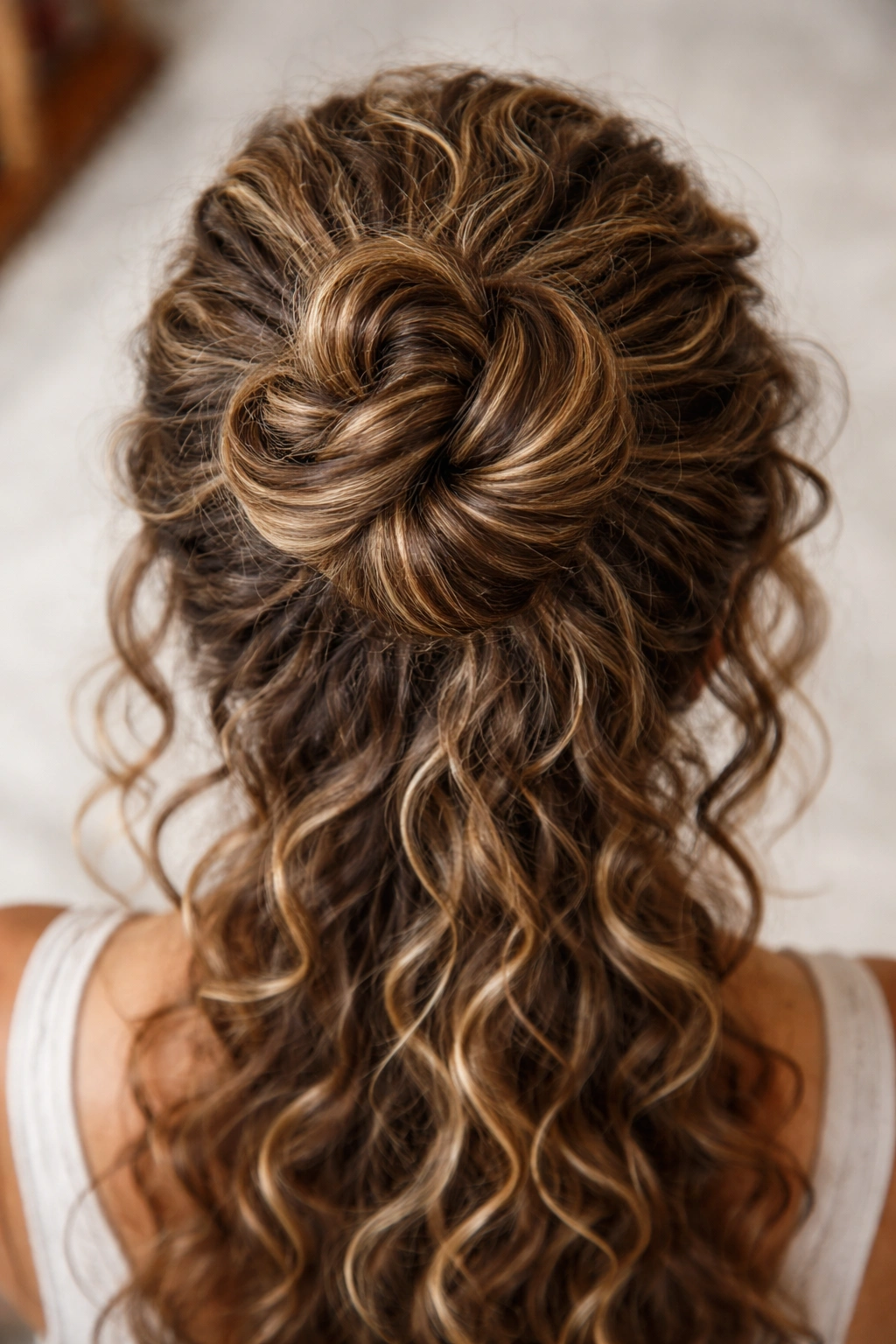 Top-down view of a twisted wrap bun showing defined curls and texture