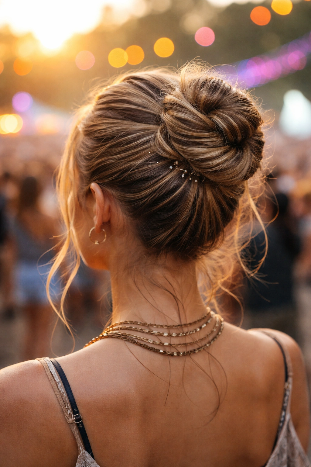 Close-up of an architectural twisted wrap bun with interlocking twists and pins