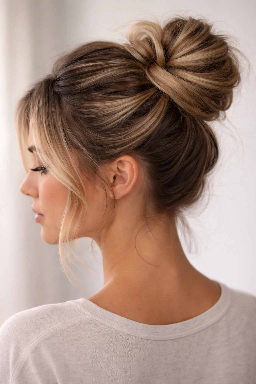 Side profile of a short-haired model with a twisted wrap bun at the crown