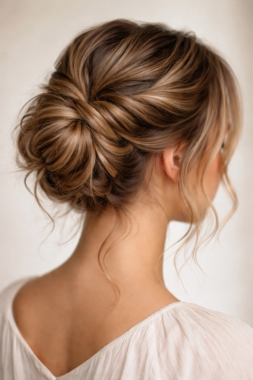 Close-up of a twisted wrap-around bun with wavy hair at the crown