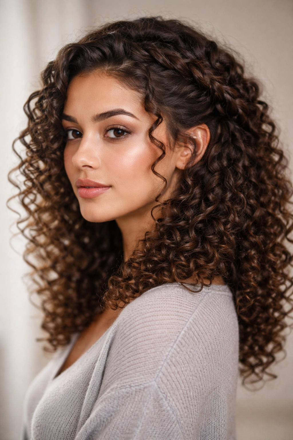 Close-up of a curl hairstyle with a crown-like twisted wrap and loose front curls