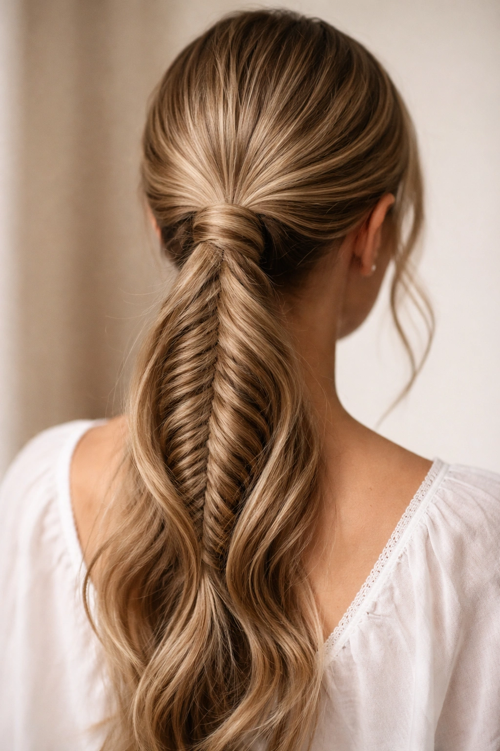 Fishtail ponytail with twisted wrap concealing elastic