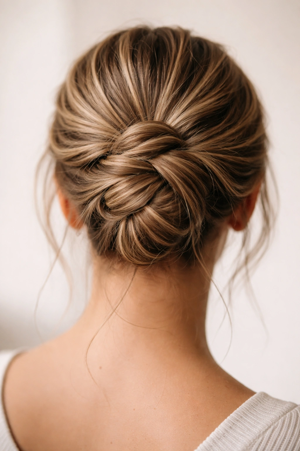 Back view of twisted wrap-around knot bun with multiple wrapped twists