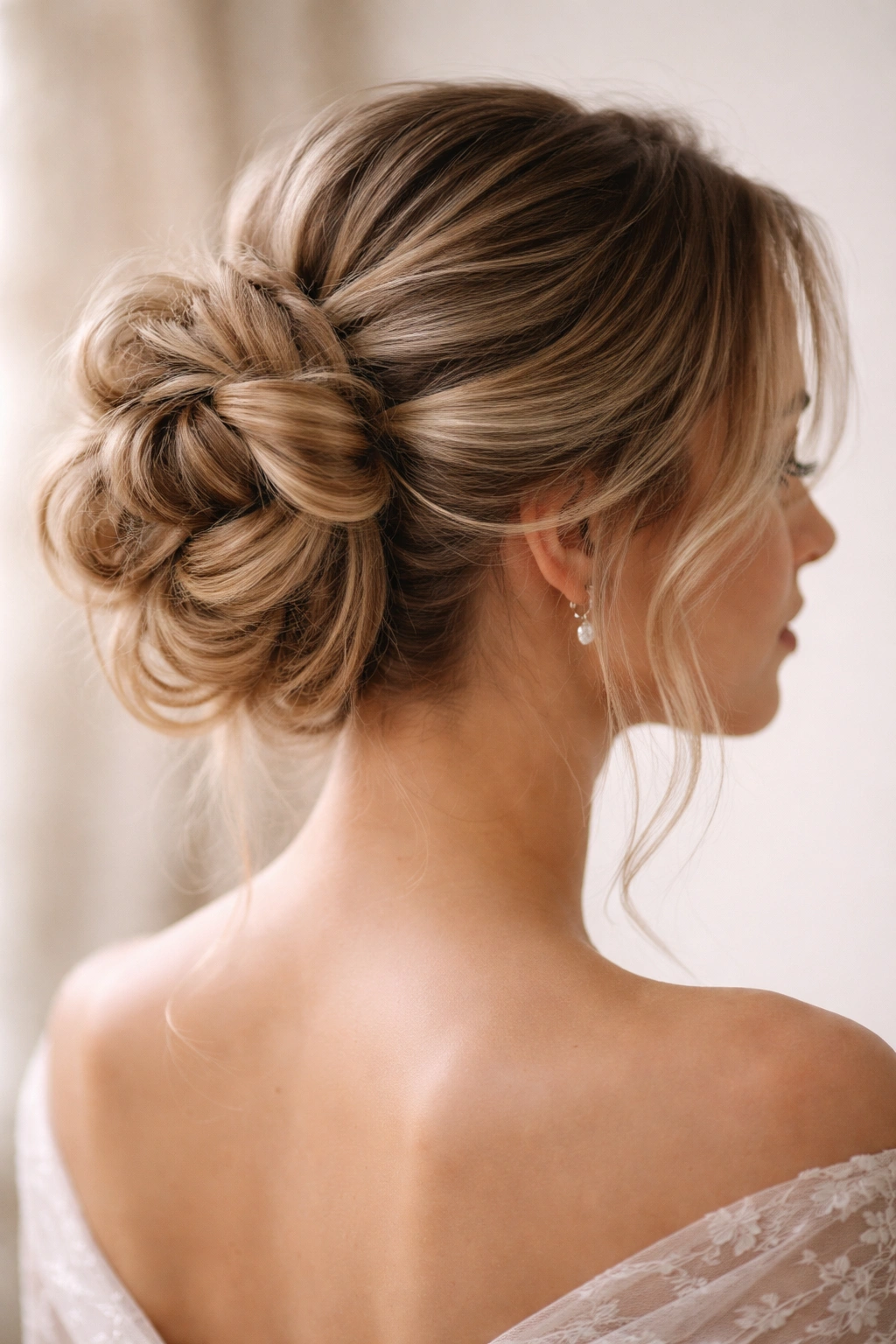 Twisted wrap messy bun with multiple twists wrapped into a layered bun.