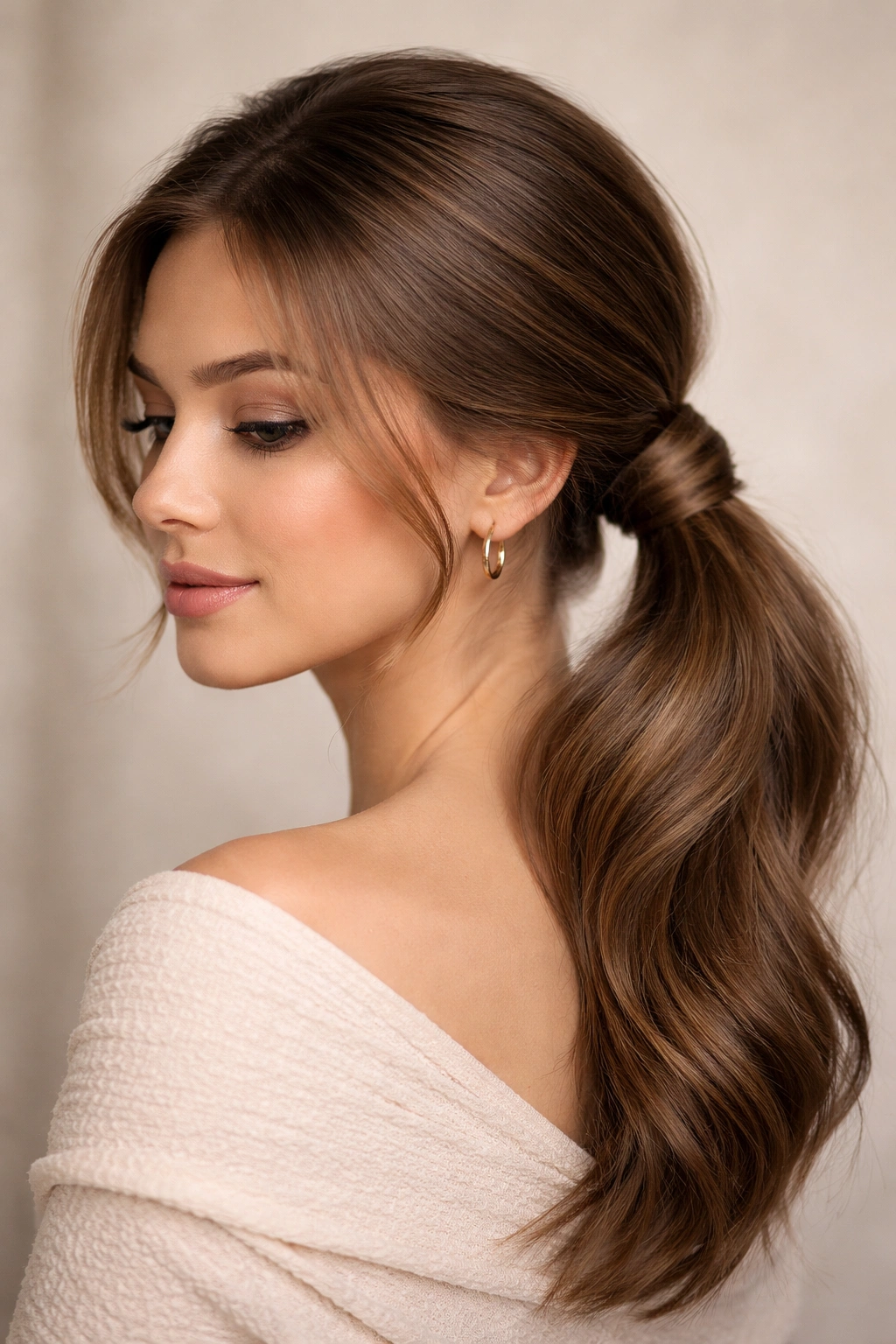 Side ponytail with twisted hair wrapping around the base, hiding the elastic.