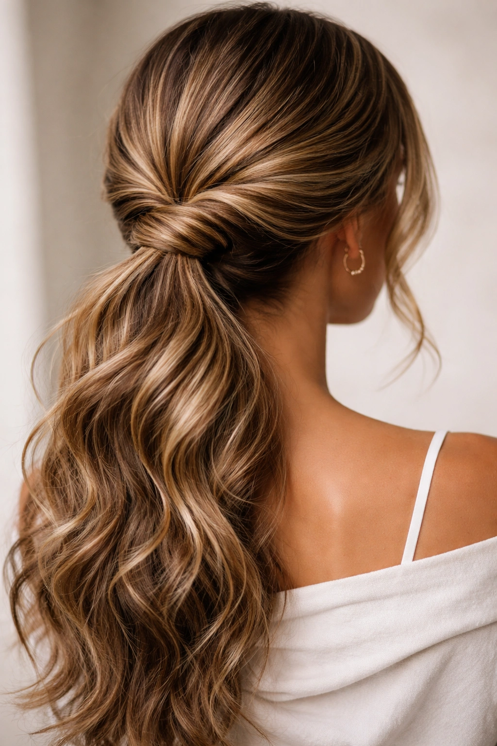 Low ponytail with twisted wraps forming an intertwined weave around the base