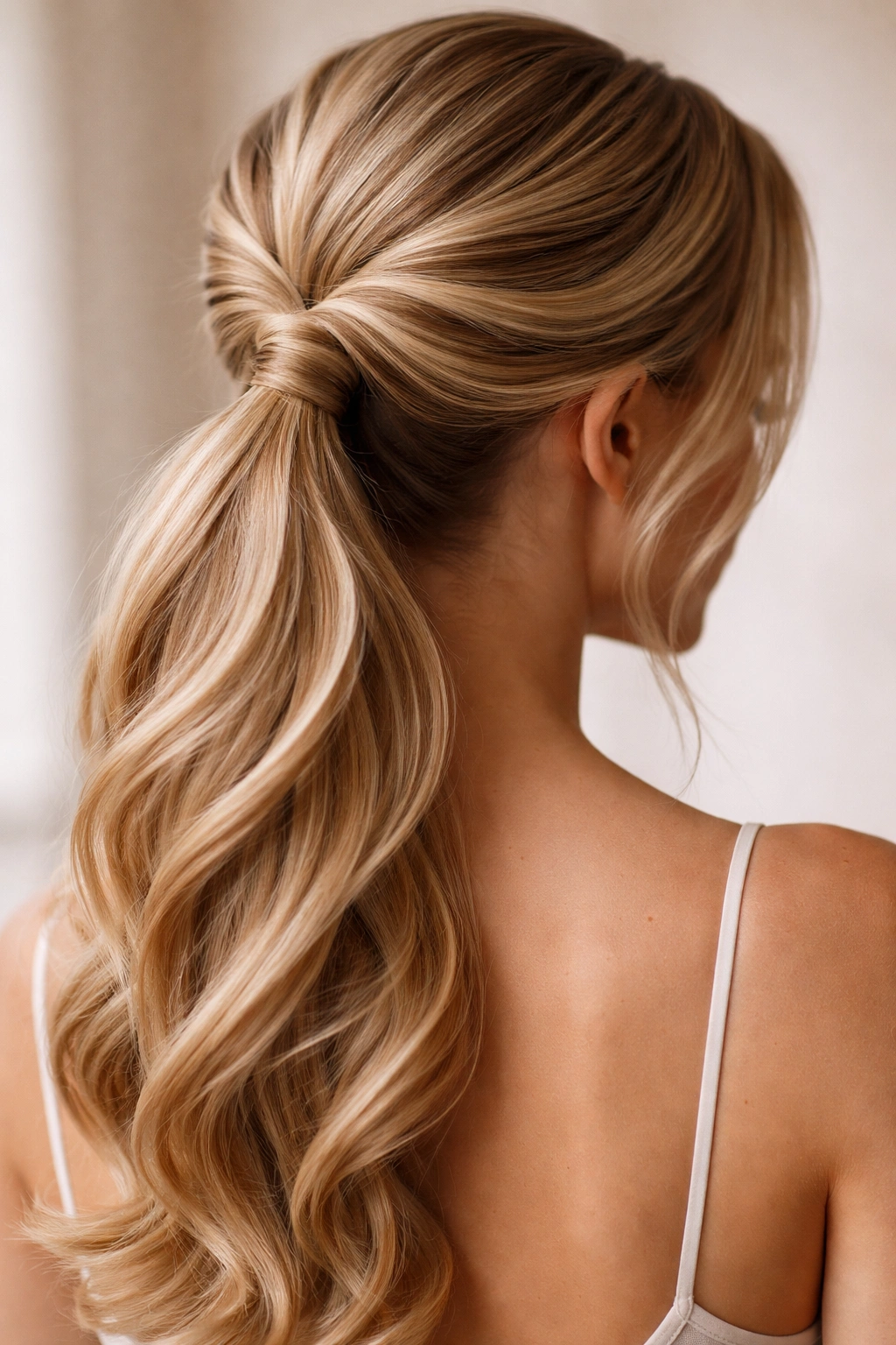 Close-up of twisted wrap-around pony showing rope-like twists toward the ponytail