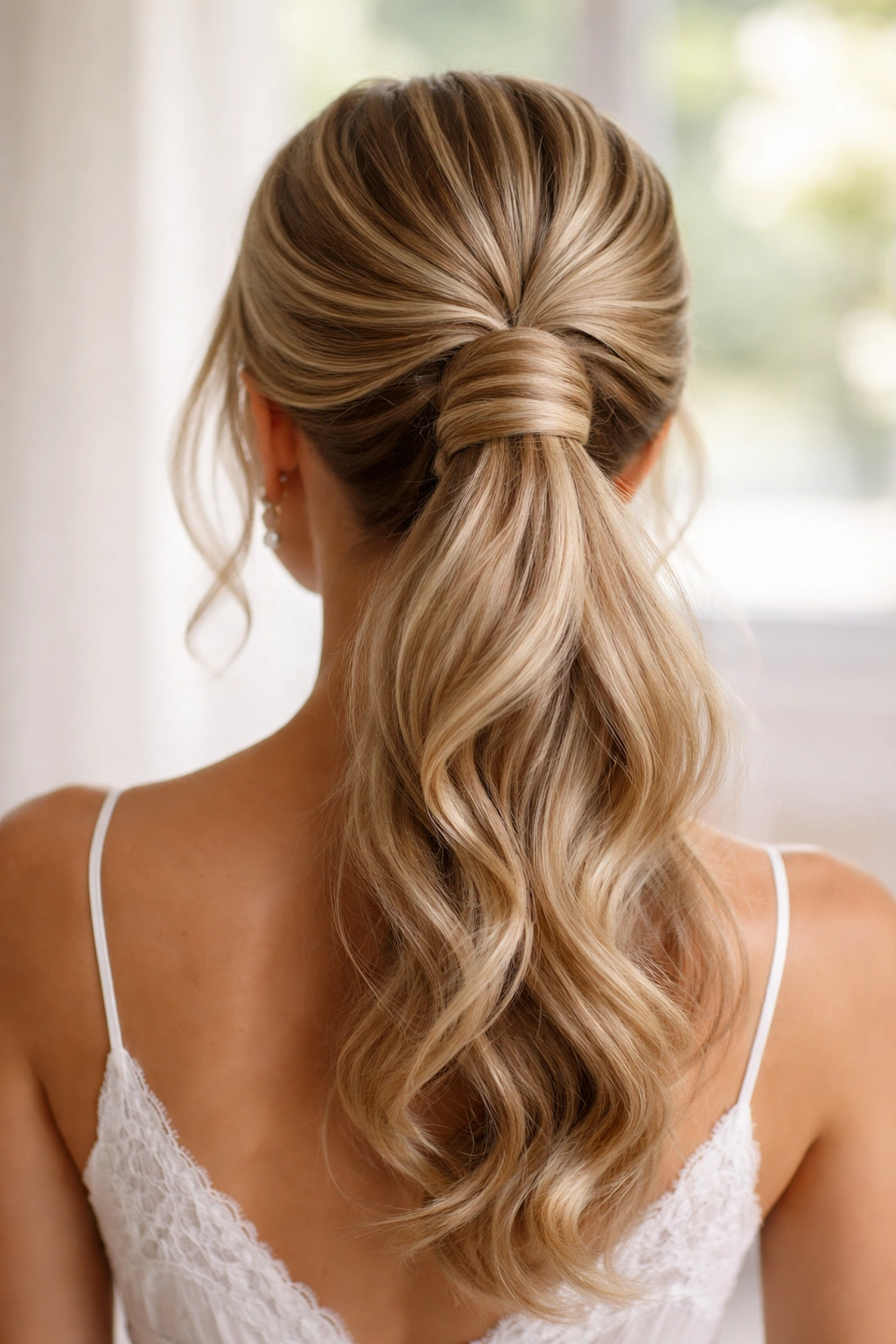 Back view of a twisted wrap ponytail with wrapped base
