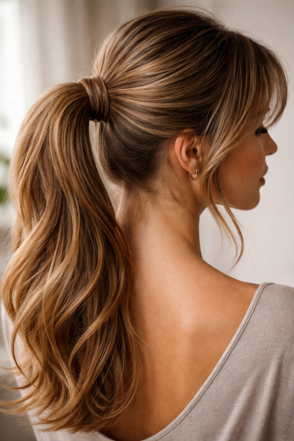 Ponytail with twisted wrap around base concealing elastic and curtain bangs.