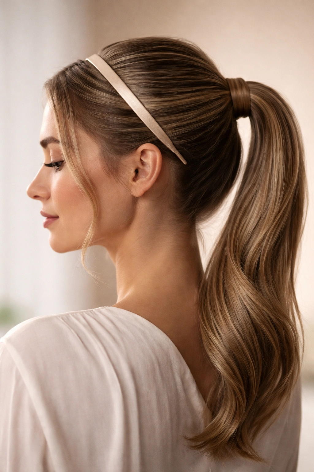 Twisted wrap ponytail with subtle headband