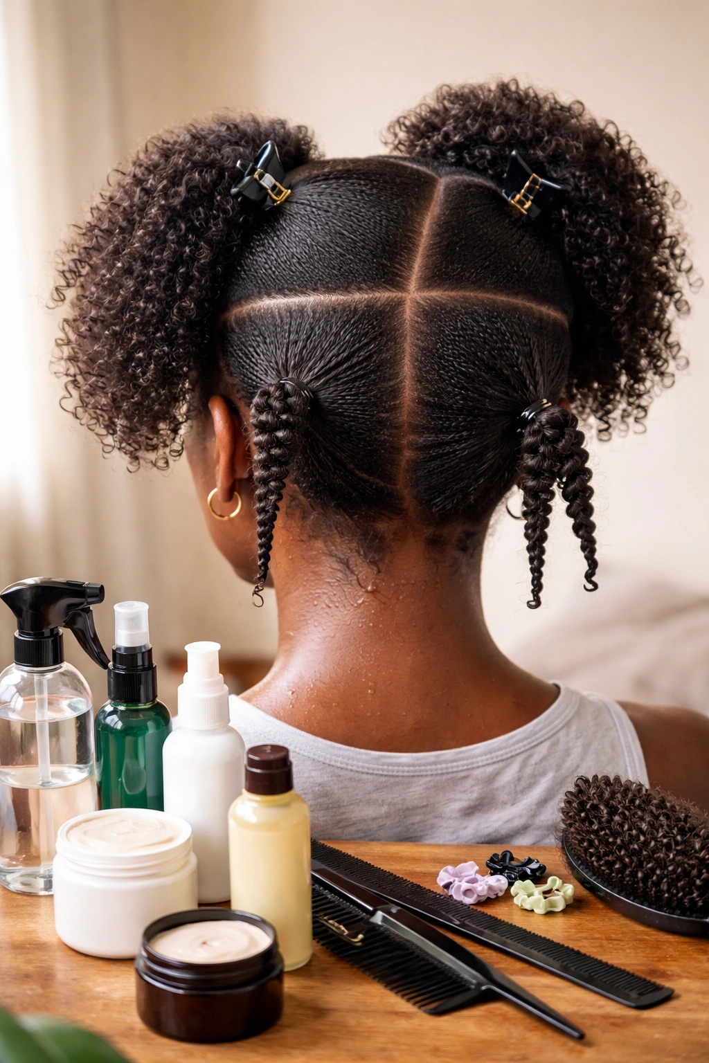 Close-up of hair with defined sections prepared for twisting.