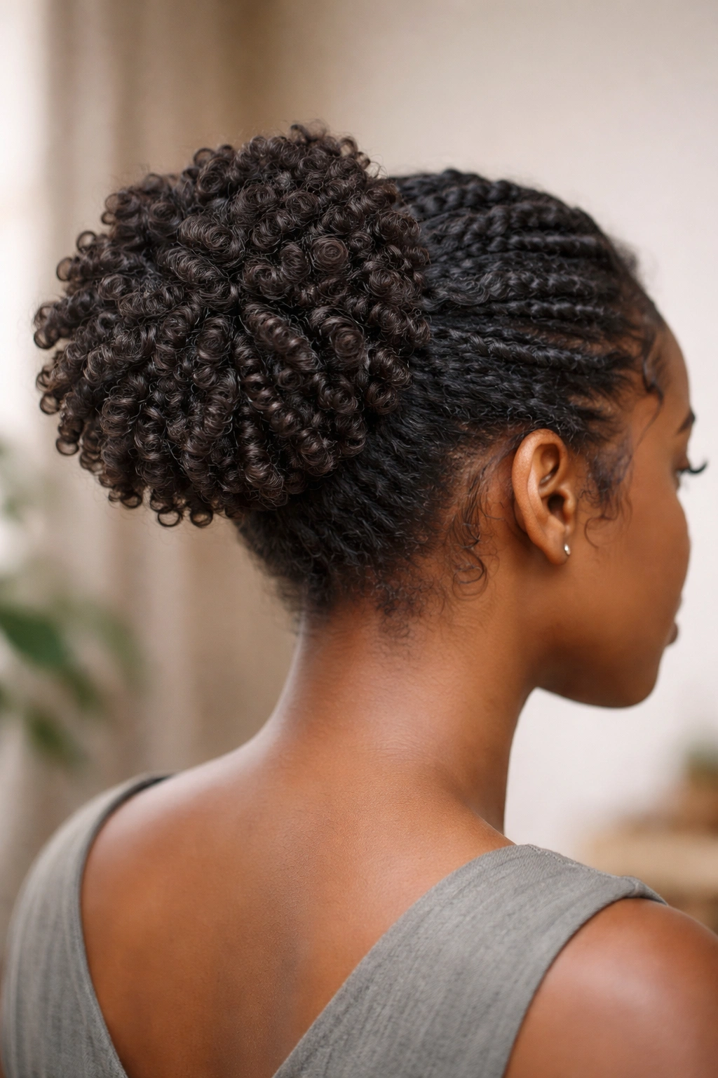 Texture-rich twist-out gathered into a bun on short black hair