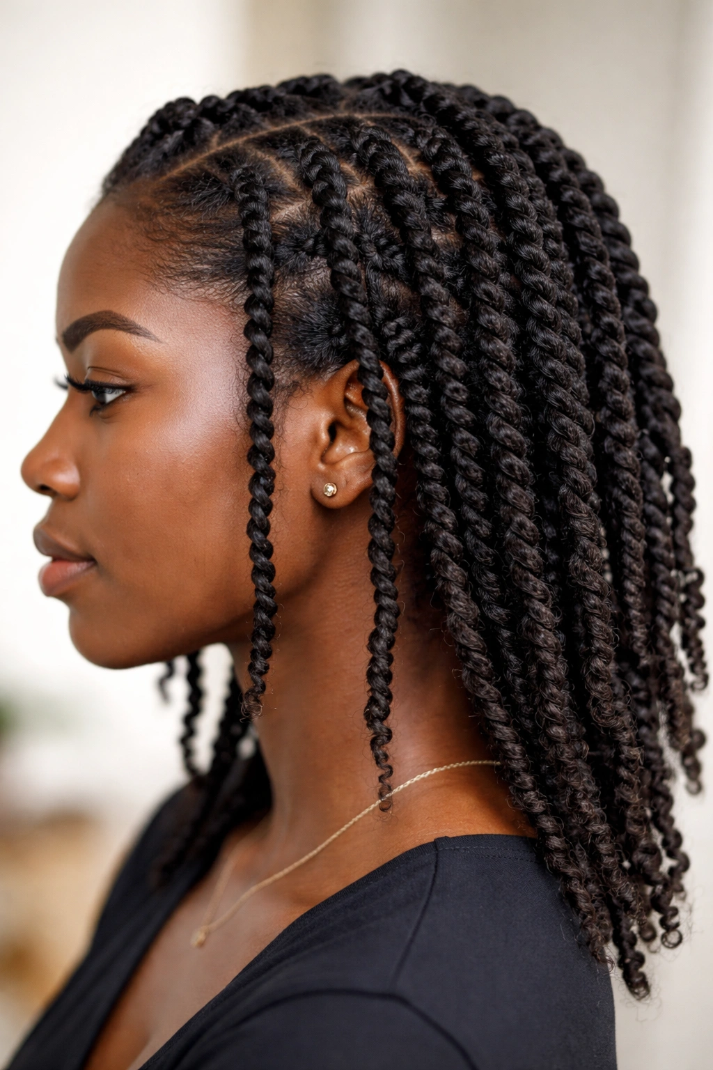 Close-up of 4C hair in two-strand twists from root to tip