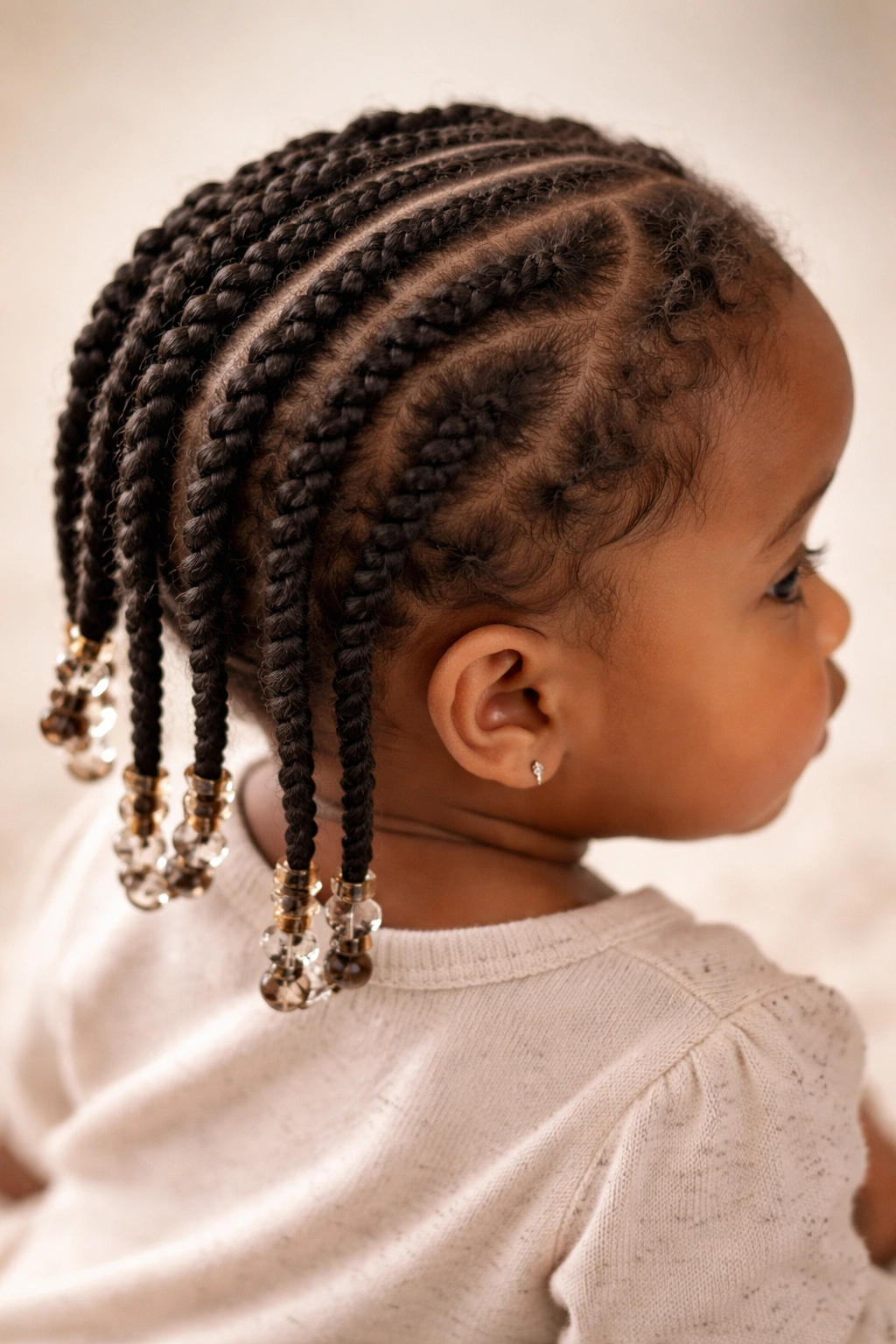 Close-up of a baby girl's head with two-strand twists showing rope-like texture.