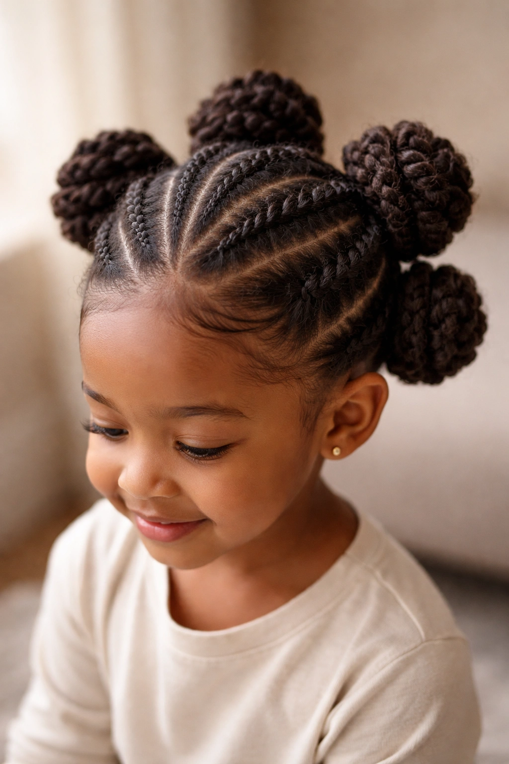 Baby head with protective twists formed into buns around the crown.