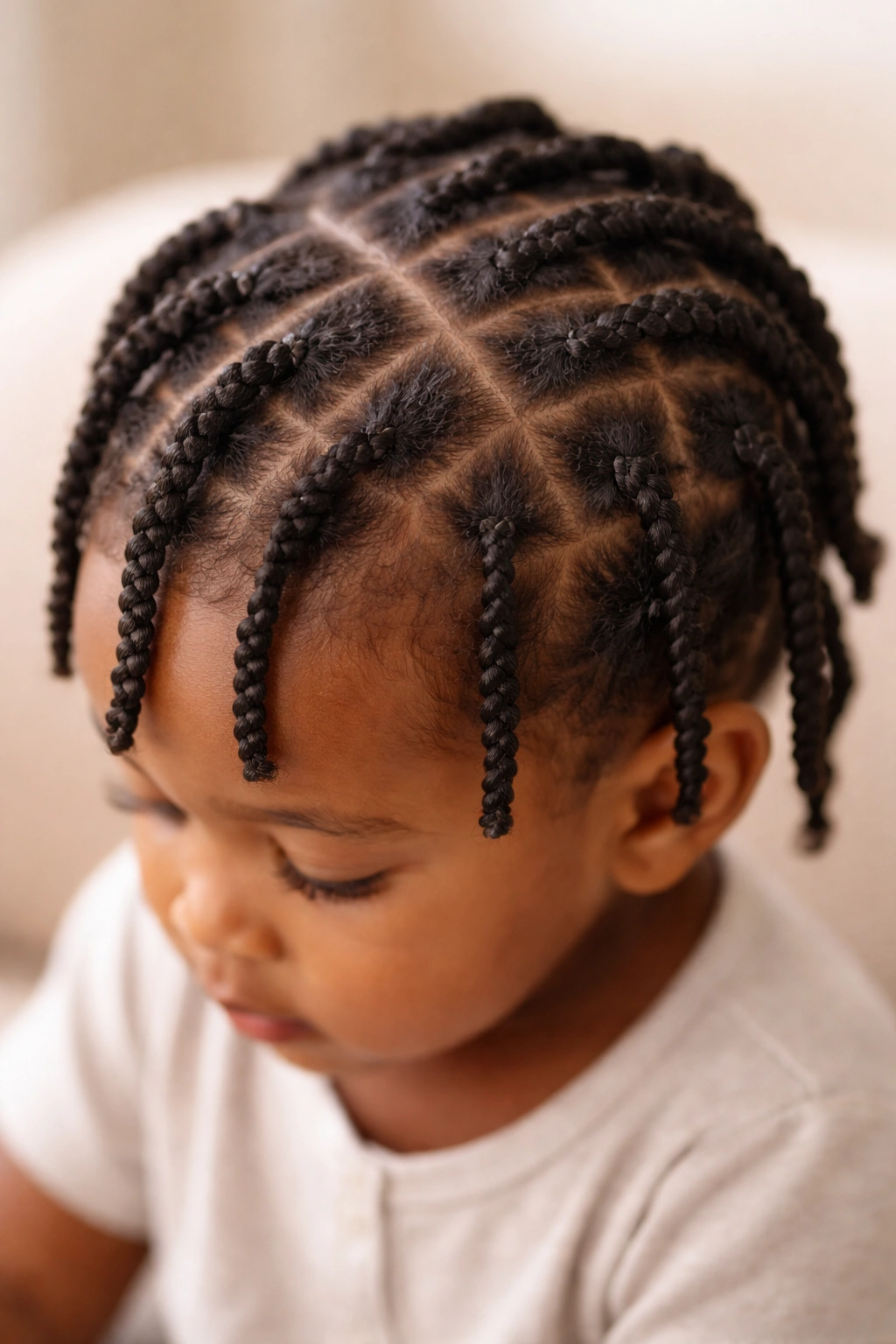 Close-up of toddler afro hair with defined two-strand twists in sections.