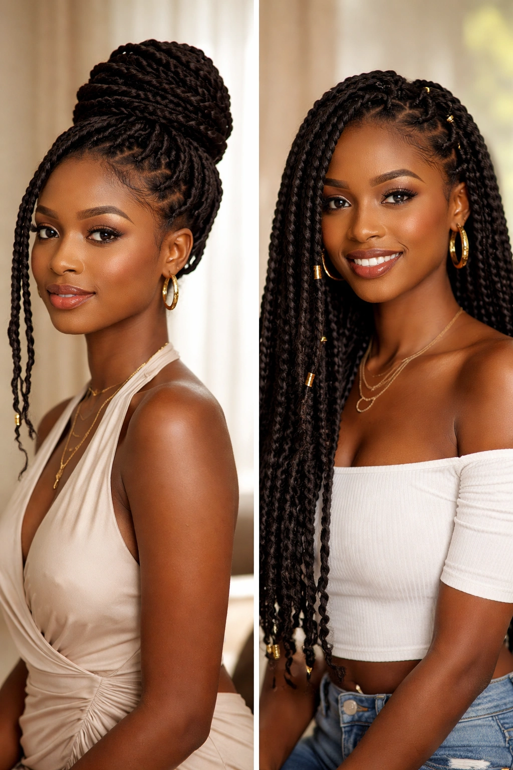 Split-frame showing updo and down twists for versatile styling