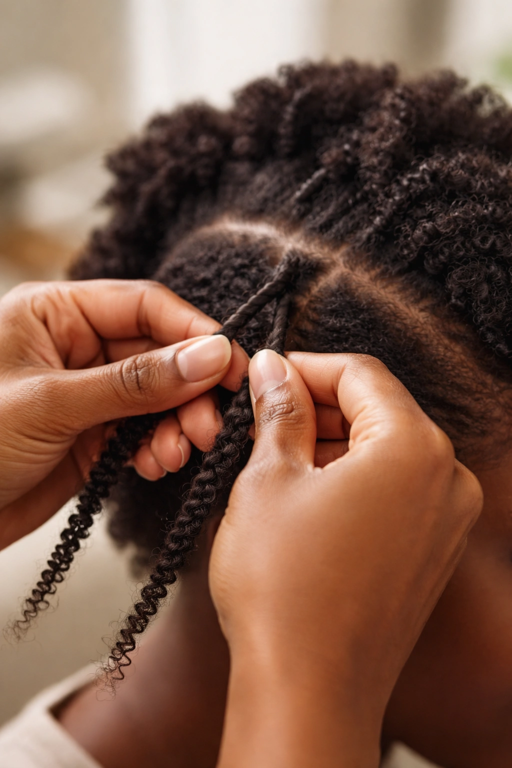Hands twisting hair into a two-strand twist, demonstrating technique